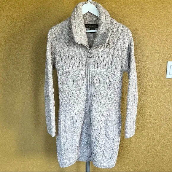 Inis Crafts Merino Wool Long Full-Zip Tunic Cardigan Sweater Beige - Picture 12 of 12